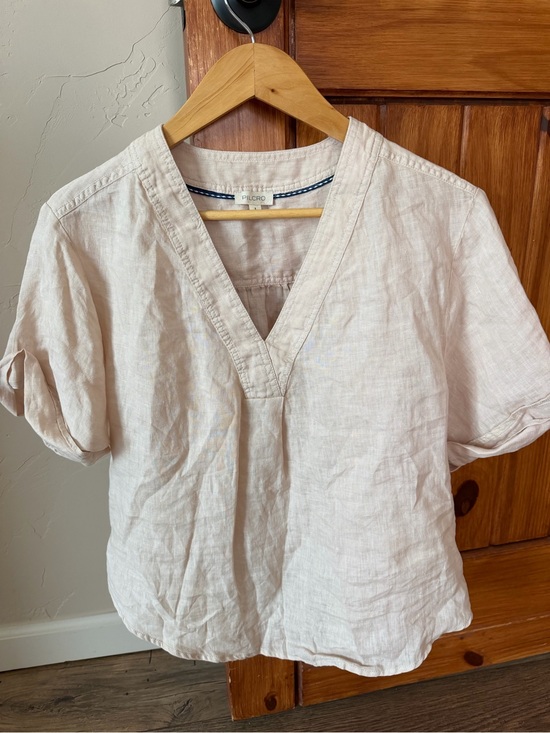 Pilcro Tops - Anthropologie Pilcro Pale Pink/Cream Linen V-Neck Short Sleeve Top Linen Small
